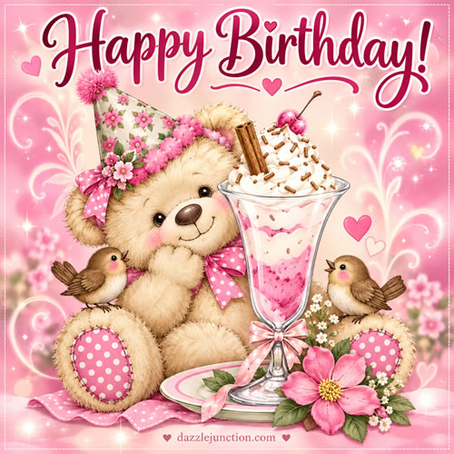 Bear Birds Ice Cream Happy Birthday greeting image