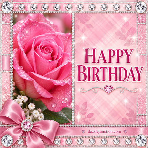 Glittering Pink Rose Happy Birthday greeting image