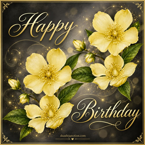 Golden Flowers Happy Birthday greeting image