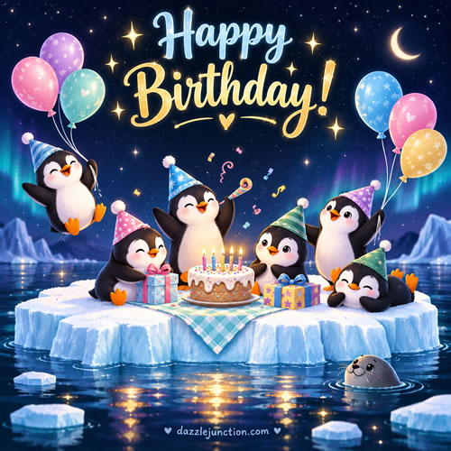 Penguin Aurora Party Happy Birthday greeting image