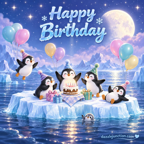 Penguin Iceberg Party Happy Birthday greeting image