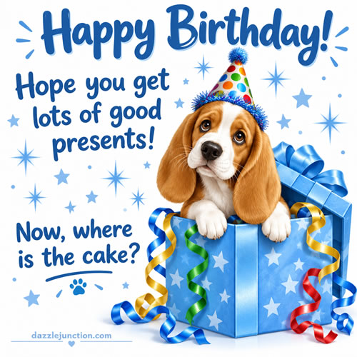 Puppy Wheres Cake Happy Birthday greeting image