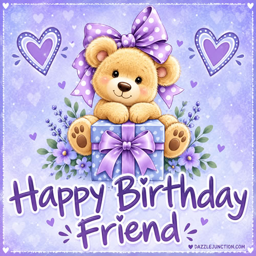 Purple Bear Bow Happy Birthday greeting image