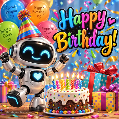 Robot Party Happy Birthday greeting image