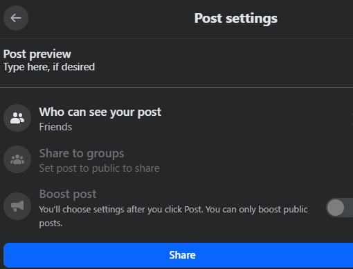 Audience selection and Share button in Facebook post editor